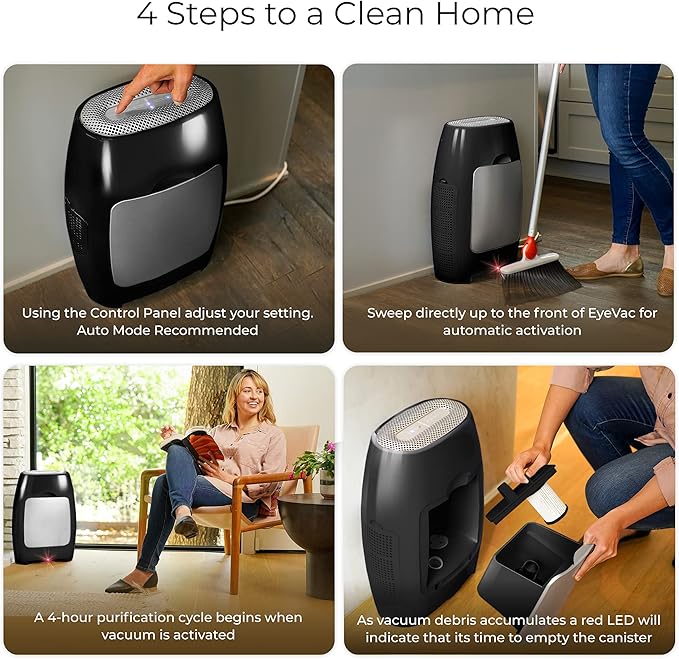 EyeVac Air 2-in-1 HEPA Air Purifier & Touchless Vacuum Automatic Dustpan - Ultra Fast & Powerful - Covers 600 Sq ft - Corded Canister Vacuum, Bagless, Automatic Sensors, 1000 Watt (Black/Silver)