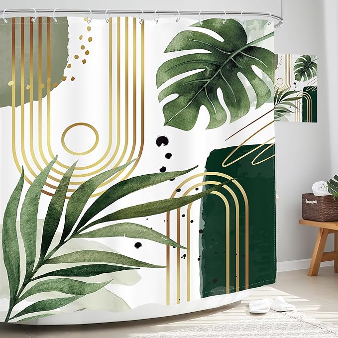Glawry Green Gold Boho Mid Century Shower Curtain Extra Long Tropical Plant Abstract Minimalist Modern Geometric Leaf Bathroom Simple 72Wx78L Inches Bath Accessories Art Home Decor Fabric 12 Pack Hook
