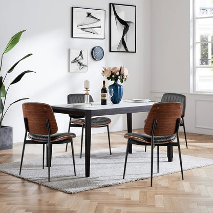 LUNLING Dining Chairs Set of 4 Mid Century Modern Retro Faux Leather Chair with Walnut Bentwood Upholstered Seat Metal Legs Chairs Adjustable Foot for Kitchen Dining Room Chairs,Black