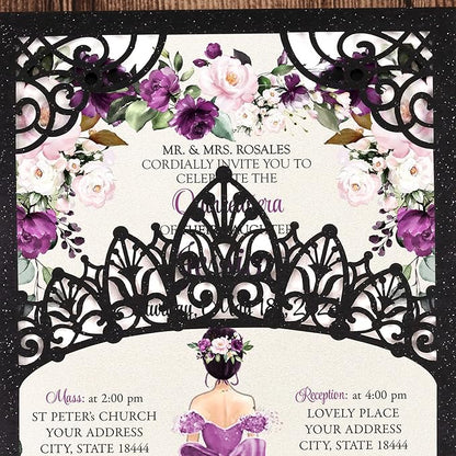 50Pcs Purple Crown Invitations for Quinceanera, 15 year, Sweet 16, Miss XV, Birthday Laser Cut Quince Invitation Cards Personalized Pearlized Black