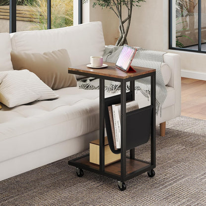 Tangkula Mobile C Shaped Side Table, 2 Tier Sofa Couch Table with Canvas Storage Pouch, Industrial End Table with Metal Frame & 360° Rolling Casters for Living Room, Bedroom