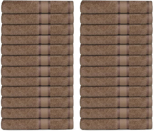 Casa Lino Face Towels & Body Wash Cloths for Showering - 100% Cotton Wash Cloths for Bathroom - Highly Absorbent & Quick Drying Washcloth Set - Cotton Washcloths 24 Pack (12" x 12") - (Brown)