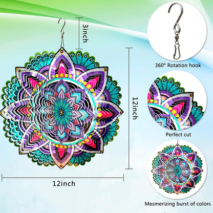 Goolyrusim Wind Spinner Mandala Jasmine, 12Inch Laser Cut Stainless Steel Wind Spinners, 3D Hanging Wind Sculptures for Yard and Garden Decoration Outdoor Decor Ornament, Mandala Gifts for Women Men