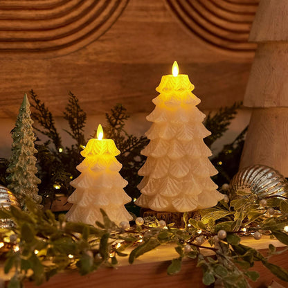 Luminara Christmas Tree Flameless LED Candle, White Swan 5.35" x 8.5", Moving Flame Battery Operated Timer, Holiday Decor, Glitter Snow Finish Safe
