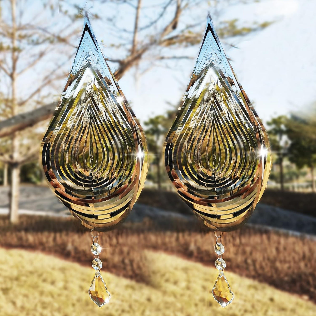 2PCS Wind Spinner 3D Stainless Steel Metal Sculptures Decorations, Water Droplets Wind Sculptures & Spinners, Outdoor Hanging Garden Decoration, Bird Devices Deterrent for Outside to Scare Birds Away