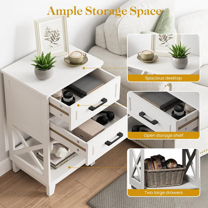 May in Color Nightstand with 2 Drawers, 30" Tall Beside Table for Bedroom | Farmhouse Wooden side Table with Solid Feet and Open Shelf, Modern Painted End Table for Living Room, Home Office, White