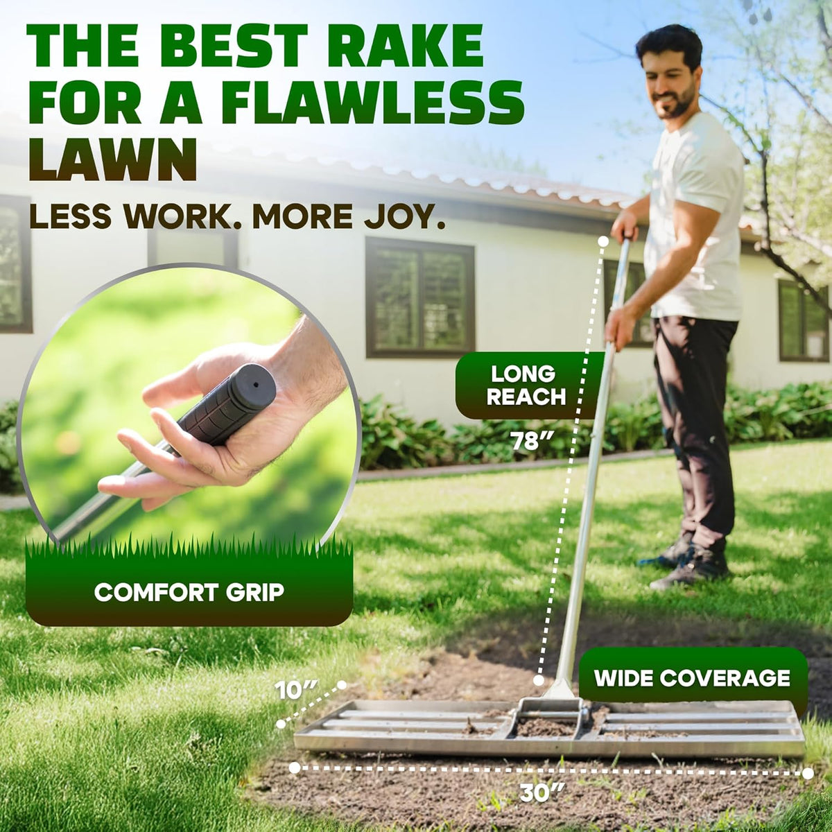 Oris Garden 30" Stainless Steel Lawn Leveling Rake – Adjustable 78" Handle, Ground Leveler