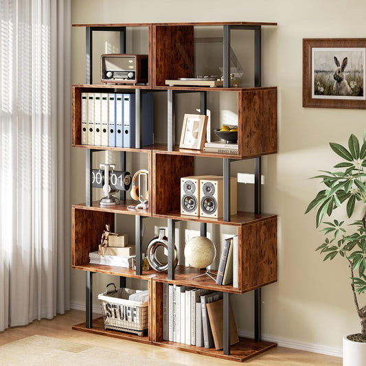 Furologee 6 Tier Bookshelf, S Shaped Geometric Bookcase, Rustic Brown