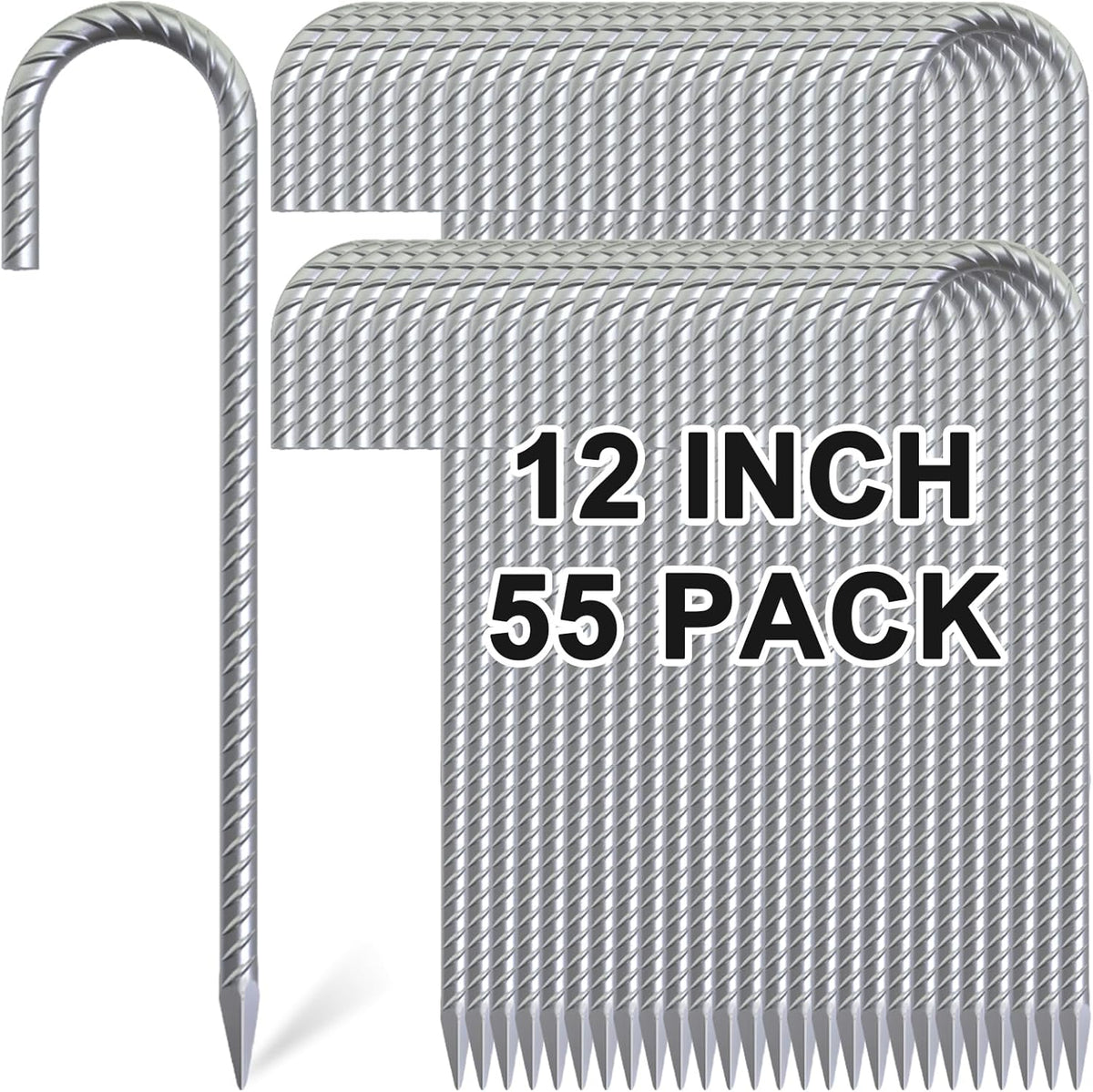 Rebar Stakes 12 Inch, 55 Pack Galvanized Metal Tent Stakes Heavy Duty Ground Stakes, J Hook Steel Fence Stakes for Ground, Outdoor Decoration, Wire Fencing, Gardening