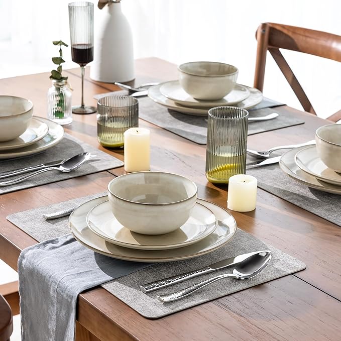 AmorArc Stoneware Dinnerware Sets for 8, 24 Pieces Handpainted Ceramic Plates and Bowls Set, Scratch Resistant Dishes Set, Dishwasher & Microwave Safe, Cappuccino