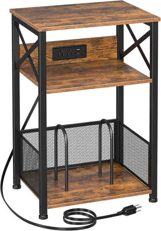 AMHANCIBLE Record Player Stand with Charging Station, Turntable Stand with Storage Cabinet, 3 Tier End Table Hold Up to 100 Albums, Record Table for Vinyl, Living Room, Rustic Brown, HETCD01BR-1