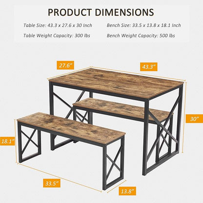VECELO Kitchen Table with 2 Benches for 4, Wood Dining Room Dinette Sets for Breakfast Nook and Small Space, Brown