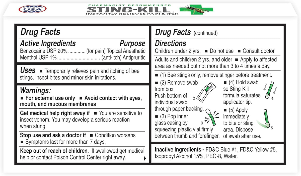 Sting-kill First Aid Anesthetic Swabs, Instant Pain + Itch Relief from Bee Stings and Bug Bites, 10-Count