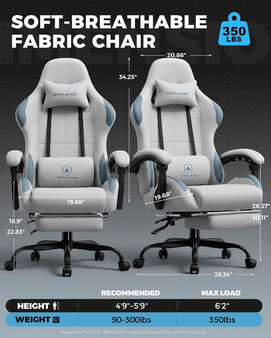 GTPLAYER Gaming Chair Fabric with Pocket Spring Cushion,Computer Office Chair with Lumbar Support for Adults Linkage Armrests and Footrest Ergonomic Gamings Chairs Height Adjustable LightGray