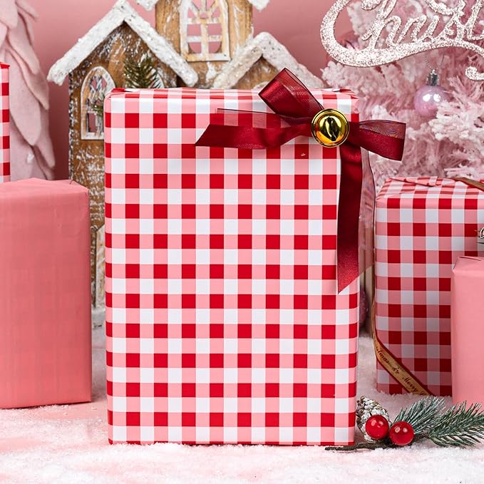 Burymento Red Checkerboard Wrapping Paper, Gift Wrap for Birthday, Valentines, Mothers day, Graduation, Wedding, Fathers day, Baby Shower, Christmas (17in x 32.8ft)
