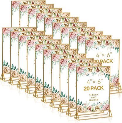 20PCS Acrylic Sign Holder, 4x6 Double Sided Gold Picture Frame Clear Wedding Table Numbers for Party, Restaurant Sign, Menu, Photo