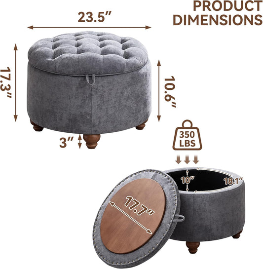 WUTUTUEE 24Inch Round Storage Ottoman with Tray, Modern Tufted Circle Coffee Table with Storage, Upholstered Ottoman with Removable Top for Living Room, Bedroom, Chenille Blue