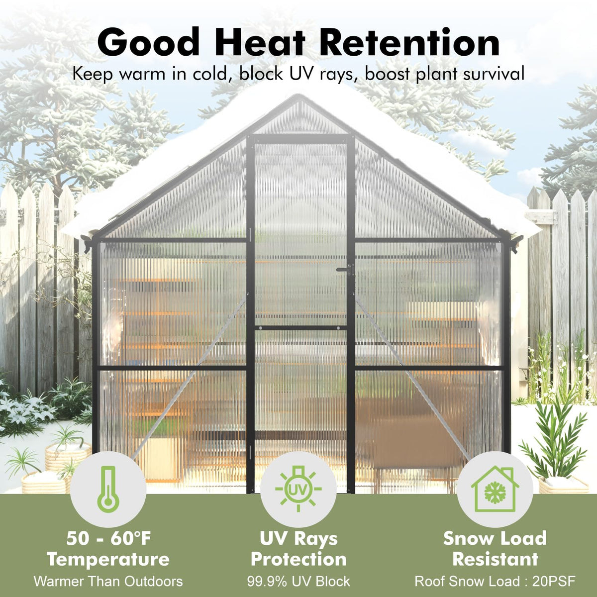 8X10FT Enhanced Aluminum Walk-in Greenhouse for Outdoors with Thermometer