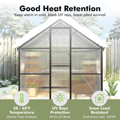 8X10FT Enhanced Aluminum Walk-in Greenhouse for Outdoors with Thermometer
