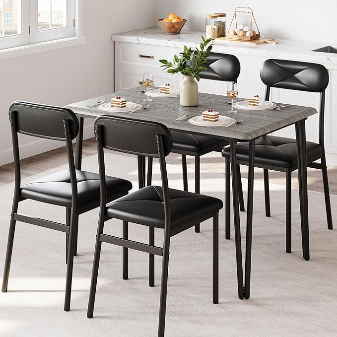 GarveeHome Dining Table Set for 4, Kitchen Table with Upholstered Chairs for Kitchen Room and Small Spaces (Grey, Table with 4 Chairs)