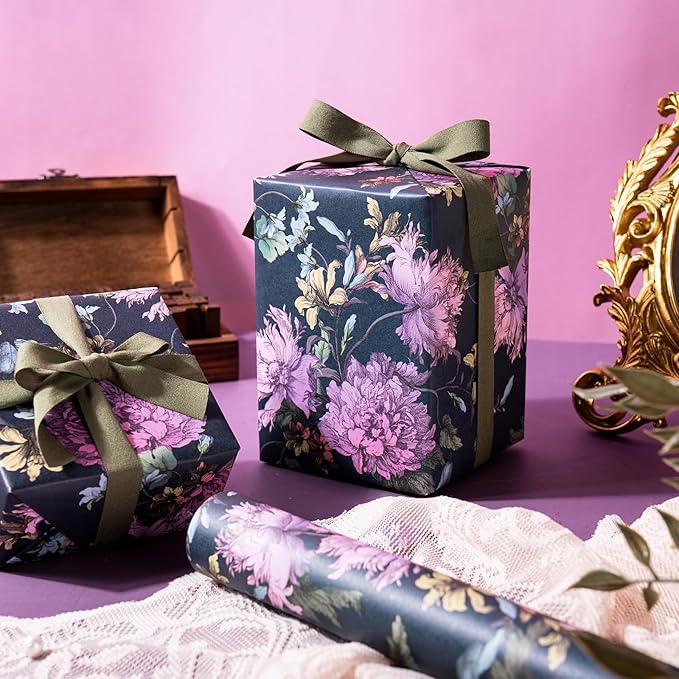 WRAPAHOLIC Kraft Floral Wrapping Paper Roll - Mini Roll - 17 Inch x 16.5 Feet - Vintage Flower Wrapping Paper Perfect for Wedding, Birthday, Bridal Shower, Tea Party