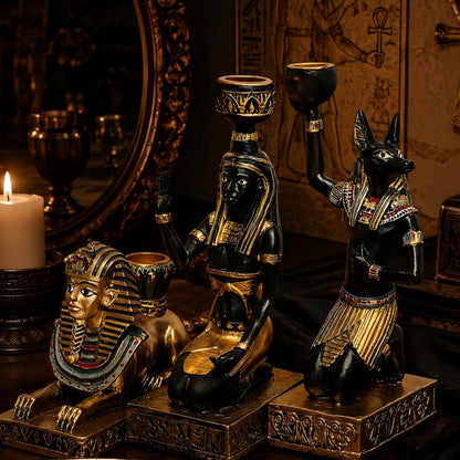 Egyptian Mythology Resin Candle Holder Set 3 Anubis Goddess Sphinx Decor