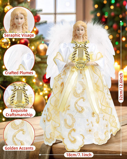 Angel Tree Topper with Lights, 12'' Christmas Tree Topper Angel, Battery Operated Lighted Treetop Ornaments, Elegant Christmas Tree Decorations for Indoor Office Holiday
