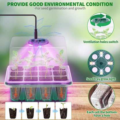 Seed Starter Tray with Plant Light, 2 Pack Grow Lights for Seed Starting Kit with Humidity Domes, Timing Controller Adjustable Brightness for Greenhouse Propagator Station Planting Growing