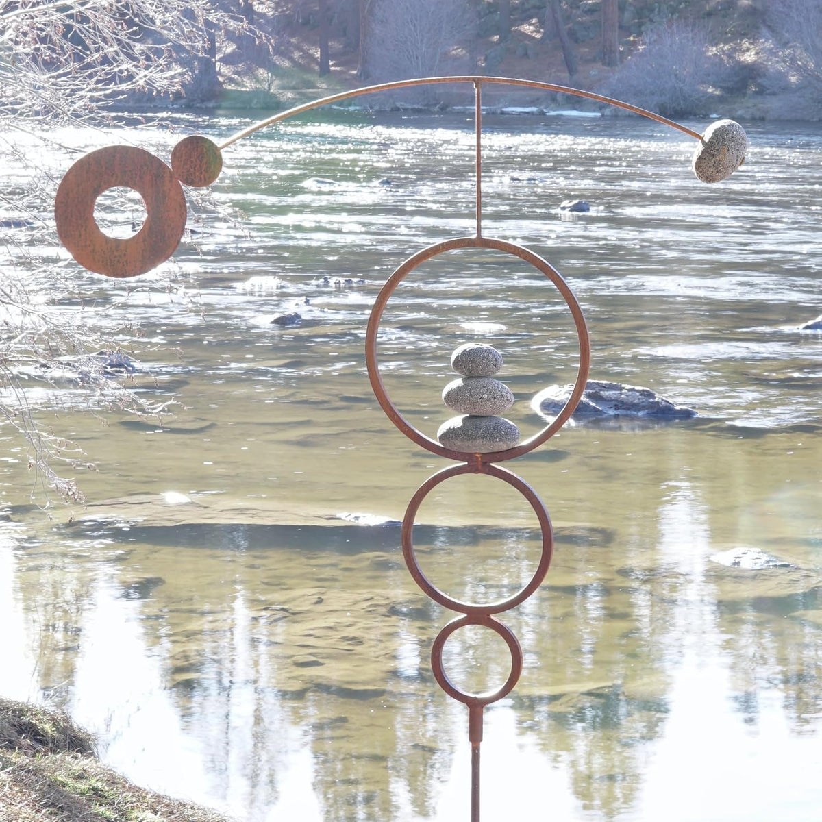 Kinetic Wind Spinner Zen Circles | Metal Modern Yard Art Garden Sculpture | Outdoor Steel Decor with Rock Cairn by Aura Life (Bare Steel)