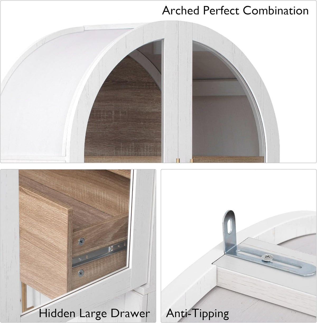 71" Farmhouse Tall Arched Kitchen Pantry Cabinet with Adjustable Shelves and Hidden Drawer, Anti-Tipping Storage Cupboard with Glass Door for Kitchen, Dining Room (White)