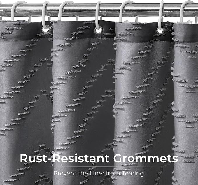 Extra Long Grey Boho Shower Curtain 96 Inch Grey Tufted Chevron Striped Fabric Shower Curtains for Bathroom Modern Shabby Chic Waterproof Cloth Shower Curtain Set with Hooks