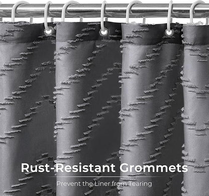 Extra Long Grey Boho Shower Curtain 96 Inch Grey Tufted Chevron Striped Fabric Shower Curtains for Bathroom Modern Shabby Chic Waterproof Cloth Shower Curtain Set with Hooks