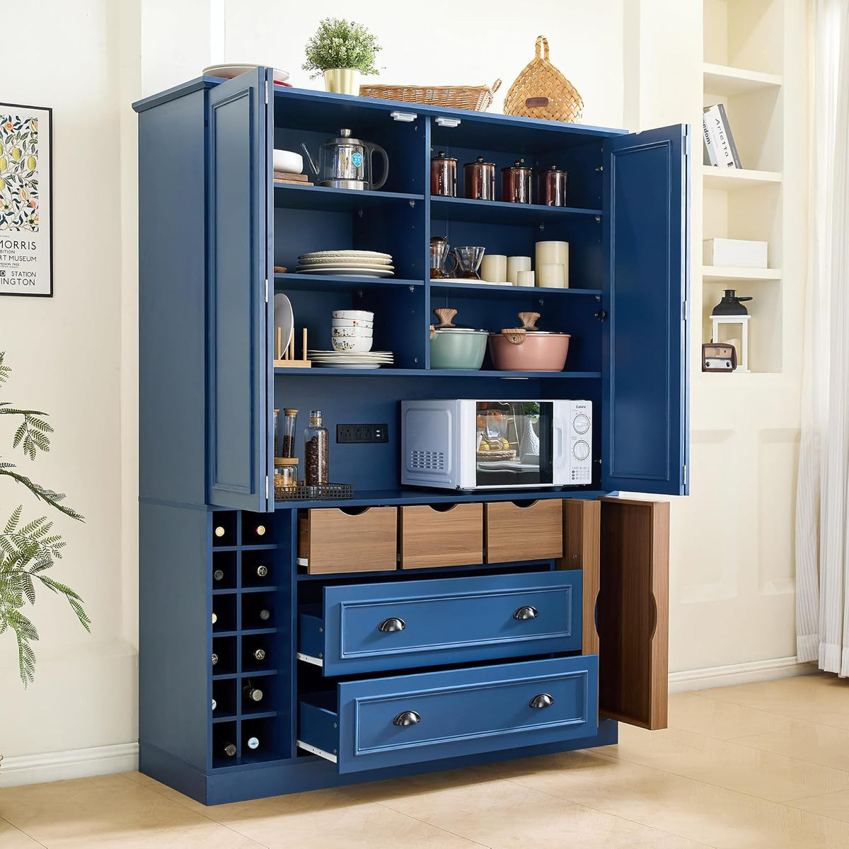 Large Kitchen Pantry Cabinet with 4 Foldable Doors and Storage Shelves, Farmhouse Freestanding Cupboard with Wine Racks, Power Outlet and Serving Trays (Blue)