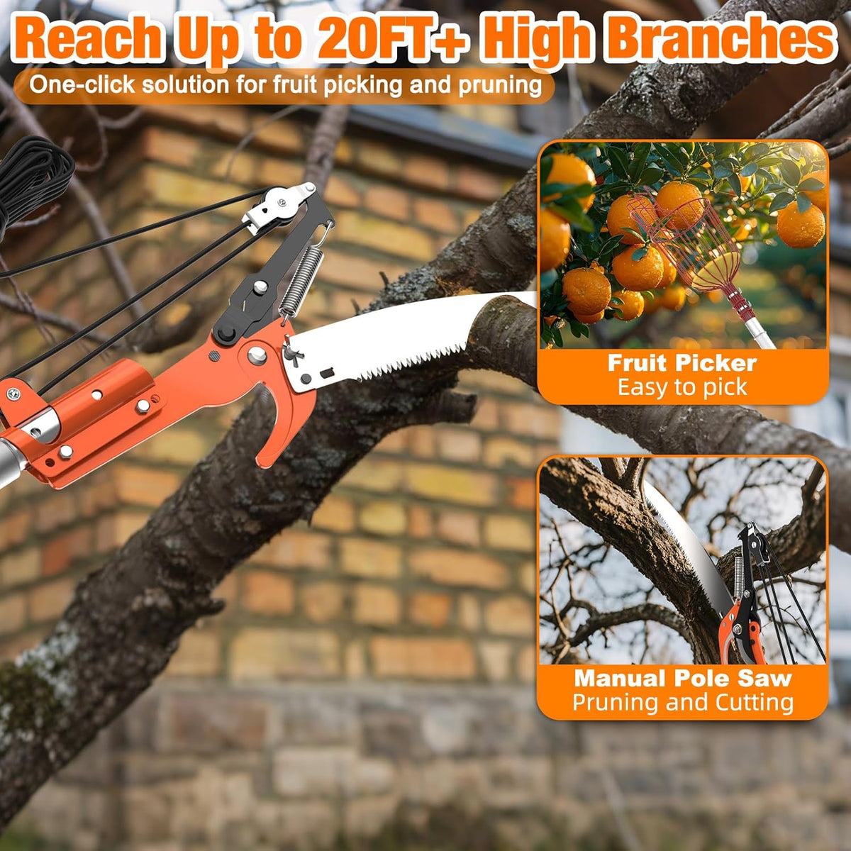 26FT Tree Trimmer, Manual Pole Saw with 5-20FT Extension Pole, Fruit Picker for Orange Lemon Mango Avocado Guava Fruit Picking
