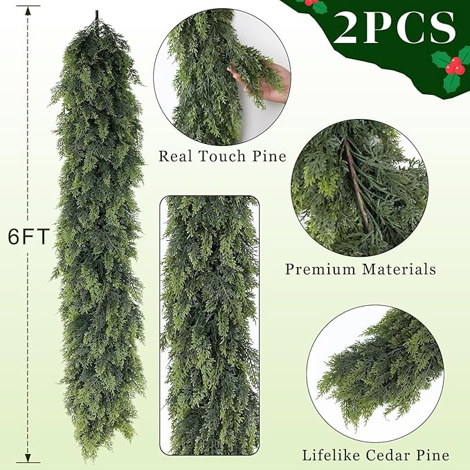 Christmas Cedar Garland - 6ft Artificial Cedar Garland Faux Lush Green Fake Pine Needles for Fireplace,Table,Window,Stairs,Mante,Holiday Indoor Outdoor Xmas Decor(2PCS)