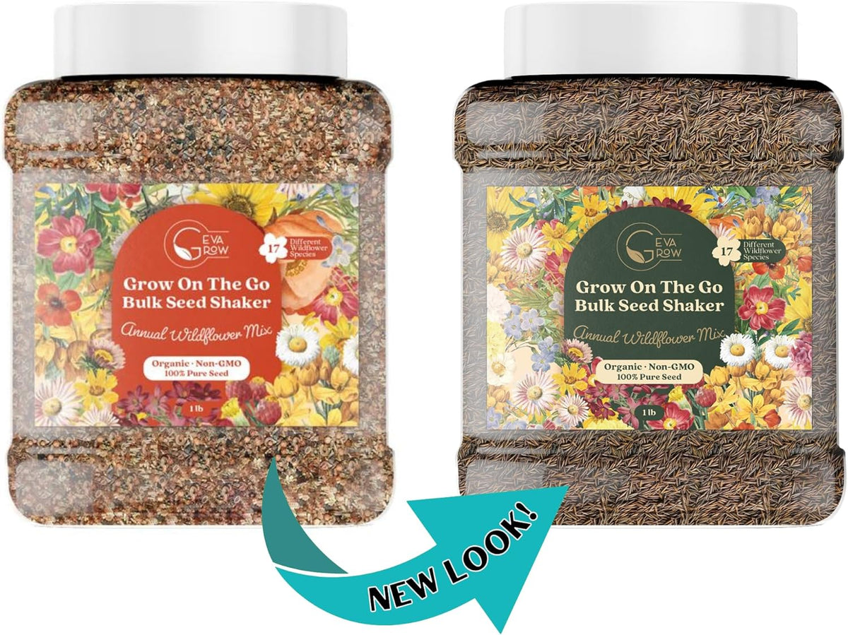 Wildflower Seed Shaker – Annual Mix by GevaGrow | 17 Variety Flower Seeds for Planting in Pots & Outdoor Gardens, Bulk 300,000+ Seeds - 1 Pound Tub