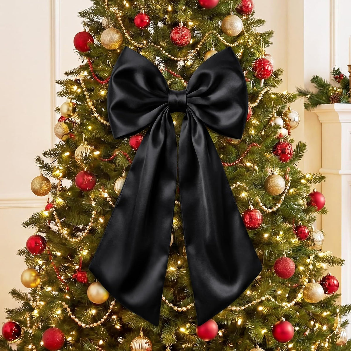 Suncalla 3 Pcs Large Black Bow Decor - 24 x 12 in Big Satin Bows Hanging Wall Decors for Crib Skirt Nursery Bedding Wedding Room Birthday Bridal Shower Christmas Fireplace Party Supplies