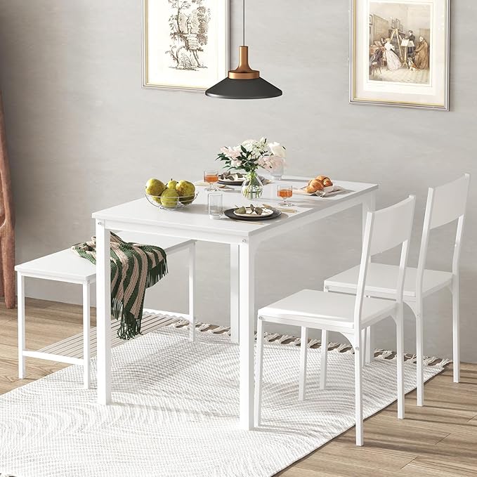 soges 4 Pieces Dining Table Set, 43.3 inch Kitchen Table Set for 4, Dining Set with 2 Chairs and Bench with Storage Rack, Nesting Furniture Set for Dining Room, Kitchen, Restaurant, White