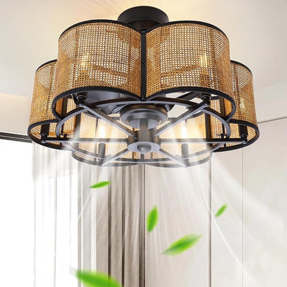 Ceiling Fans with 6-Bulb Lights and Remote, Flower Shaped Ceiling Light with 6 Adjustable Speed and for Bedroom, Kitchen and Living Room, Rattan Shade
