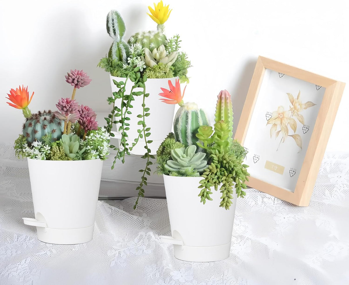 12 Pack 4 Inch Self Watering Plant Pots with Drainage and Saucers，Plastic Flower Pots for Indoor and Outdoor Plants, Nursery Planters for Houseplants and Herbs White, 4 inch 12pcs