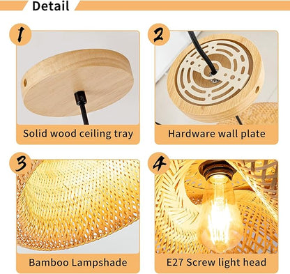 Bamboo Pendant Light, 11.8inch Hand-Woven Natural Wicker Rattan Bamboo Lamp, Beige Boho Hanging Chandelier, Rustic Island Dining Ceiling Light for Living Room, Kitchen, Farmhouse, Bedroom