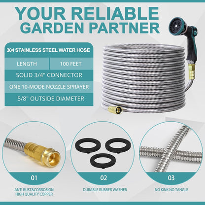 100FT Garden Hose, 304 Stainless Steel Water Hose, Flexible with a 10-Mode Nozzle Sprayer, No Kink, Lightweight, Puncture Proof, Ideal for Yard, Lawn, Outdoor