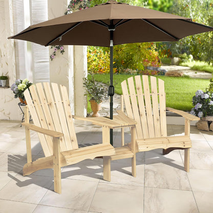 Adirondack Chair Set, 2 Wooden Outdoor Chairs with Center Table and Umbrella Hole, 2 Person Adirondack Bench Fire Pit Seating for Patio Backyard Garden, Natural