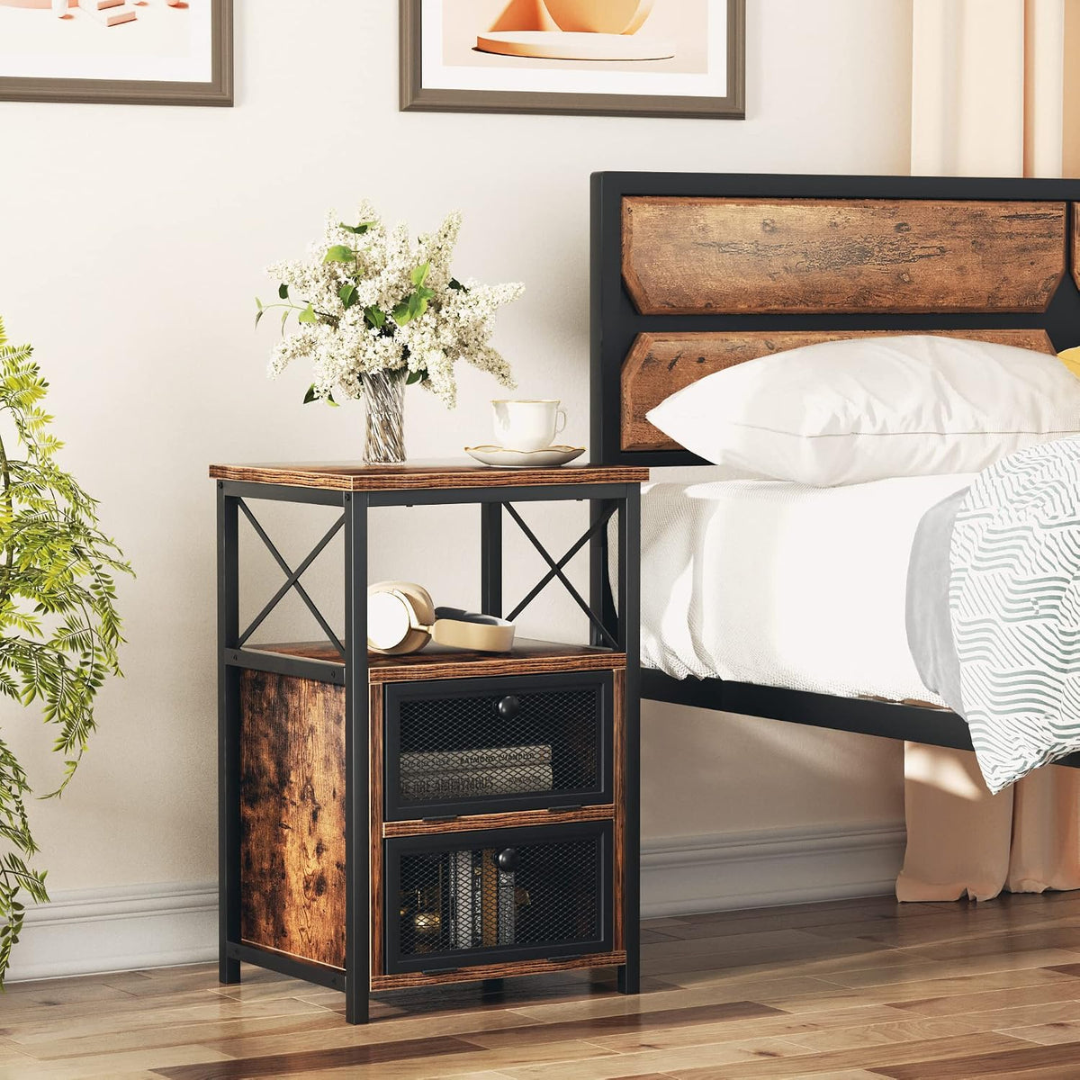 VECELO End Side Table, Modern Night Stand with Storage Space and Door, Set of 2 Nightstands for Living Room,Bedroom,Lounge,Antique Brown
