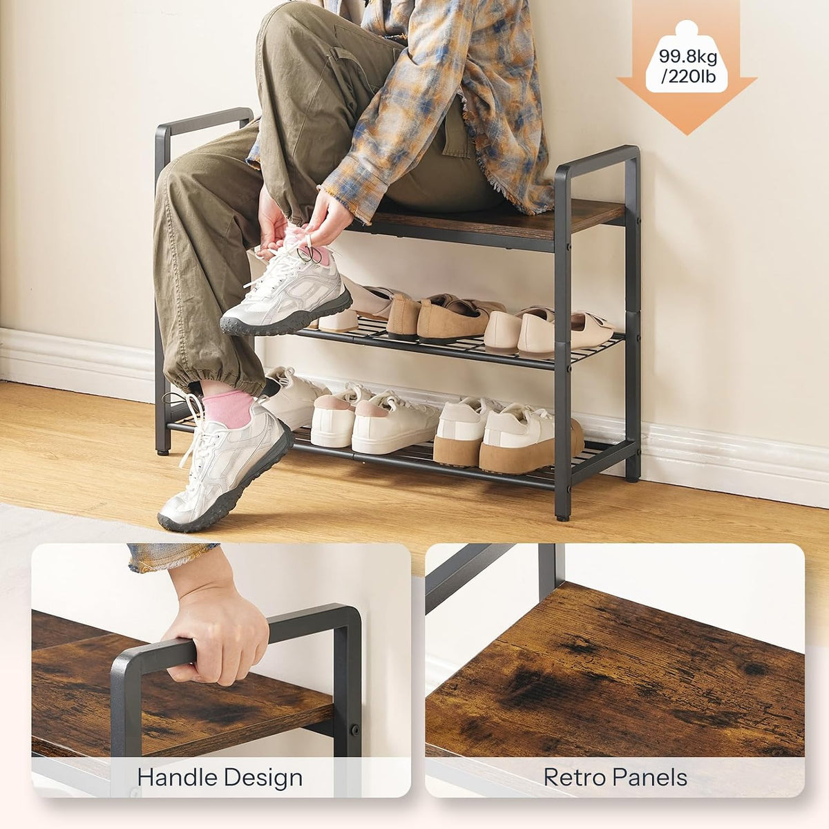 HOOBRO Shoe Rack Bench for Entryway, 3-Tier Industrial Shoe Storage Organizer with Wood Top and Side Handles, 29.5" Freestanding Storage Bench for Small Spaces, 220 lb Capacity, Rustic Brown BF32HX01