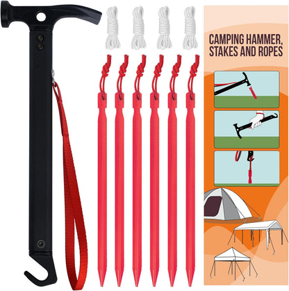 Eurmax USA Hiking Camping Tent Stakes and Hammer Set Lightweight Multi-Function Tent Hammer with Tent Stake Remover,Tent Pegs for Camping, Hiking, Backpacking, Gardening(Red Stakes)