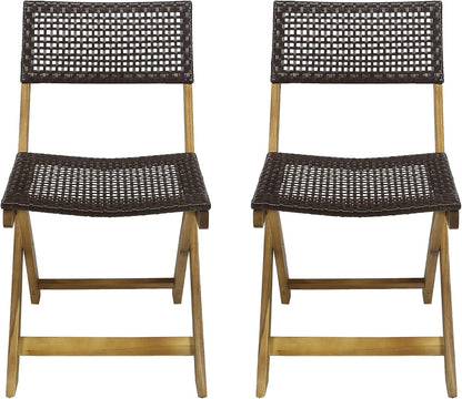 Wicker Patio Chairs Set of 2, Foldable Acacia Wood Outdoor Bistro Chairs with Woven Cane Seating for Garden, Backyard, or Balcony