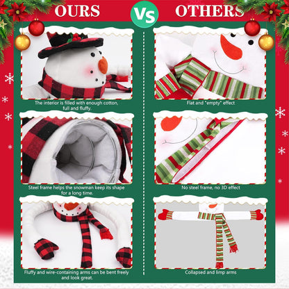 Christmas Snowman Tree Topper, Large Plush Snowman Treetop Hugger with Red and Black Buffalo Plaid Hat & Scarf, Fluffy Xmas Tree Ornament Holiday Winter Wonderland Home Party Decorations Supplies
