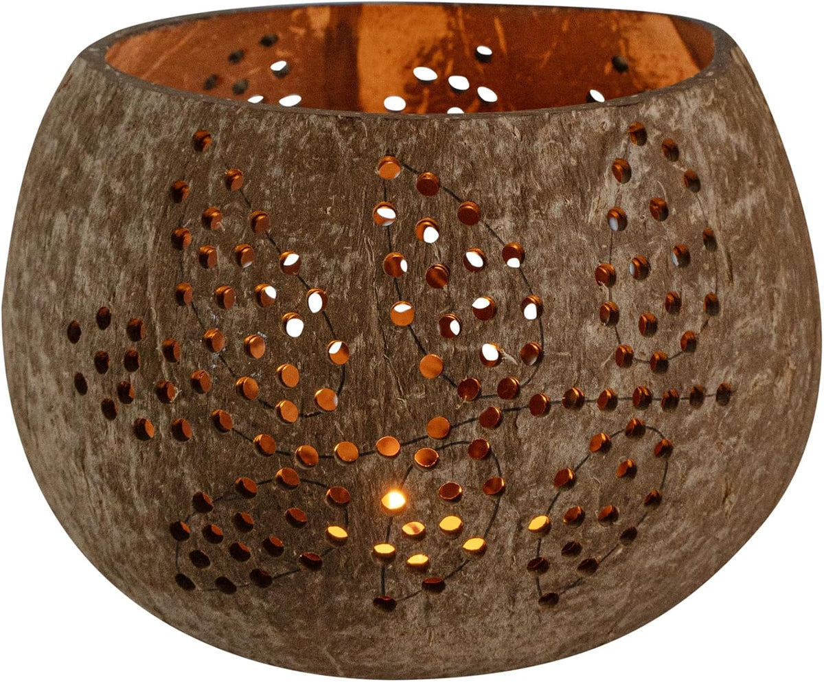 Restaurantware-Coco Casa 4 x 3.3 Inch Coconut Shell Candle Holders, 1 Reusable Tealight Holders - Candle Not Included, Leaf Pattern, Brown Coconut Bowls For Candles, Handcrafted