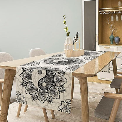 Yin Yang Table Runner, Bohemian Mandala Vintage Black White Traditional Oriental Floral Print Table Runner for Home Kitchen Dining Table Wedding Party Decor, 13x108inch